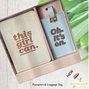 NEW & Sealed Box - passport & Luggage Set - blush pink “book”and baby blue tag